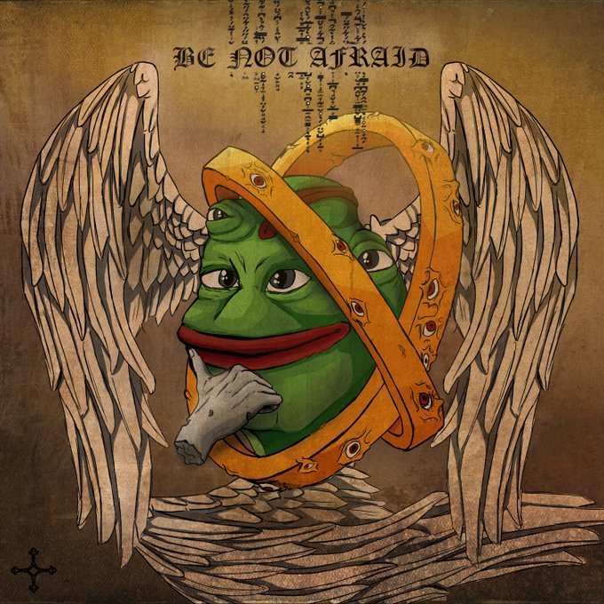 The image features Pepe the Frog depicted as a seraphim-like figure with angel wings, enclosed by a glowing golden ring and holding a finger to his lips in a contemplative gesture. The text "Be Not Afraid" is displayed at the top in ornate script, with the frog perched atop a rocky surface against a parchment-like background, playing on the biblical phrase typically associated with angelic appearances.

"Be Not Afraid" — a phrase traditionally spoken by angels in the Bible — is humorously subverted here by casting the meme character Pepe as the angelic messenger itself, with his quiet finger-to-lip gesture adding an ironic twist of hushing the viewer rather than delivering reassurance.