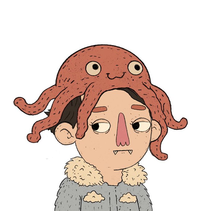 A cartoon illustration of a person wearing a gray fuzzy-collared jacket with an orange octopus perched on top of their head; the octopus has a smiling face with big eyes.