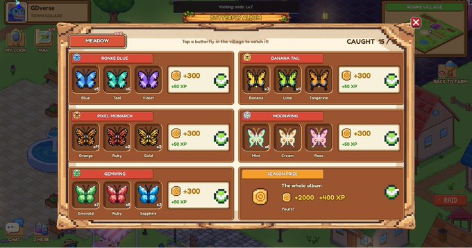 A screenshot from the GDverse Town Square game showing a butterfly collection interface with categories like Meadow, Pixel Monarch, and Moonwing.