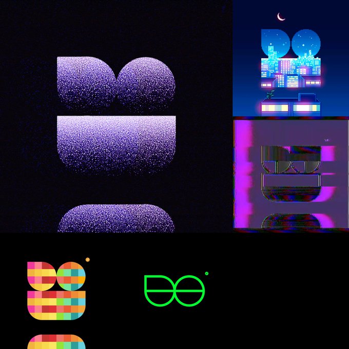 A collage showing a 3D textured purple logo on black, a neon pixel-art style cityscape, a glitchy purple version of the logo, and pixelated/minimalist logo variations.