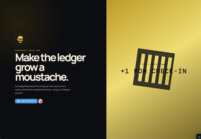 The image shows a promotional webpage for "MoustacheDAO / Control Skin" with the headline "Make the ledger grow a moustache," explaining that running "Mega Robostache EX" group rules resets current scores and keeps the leaderboard honest via a Telegram bot, featuring a "Log in via Meo" button and a yellow graphic displaying "+1 POINTCHECK-IN." The accompanying post describes the author's work creating a replacement for the DAO's "Proof of Moustache" bot, which appears to be the very bot featured on this promotional landing page for MoustacheDAO.