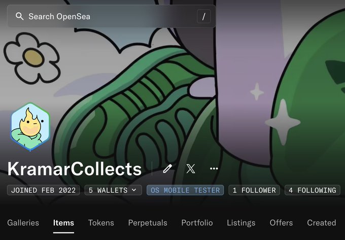 A profile page on OpenSea for the user 'KramarCollects', which has 5 wallets, is an 'OS MOBILE TESTER', and has 1 follower with 4 following.