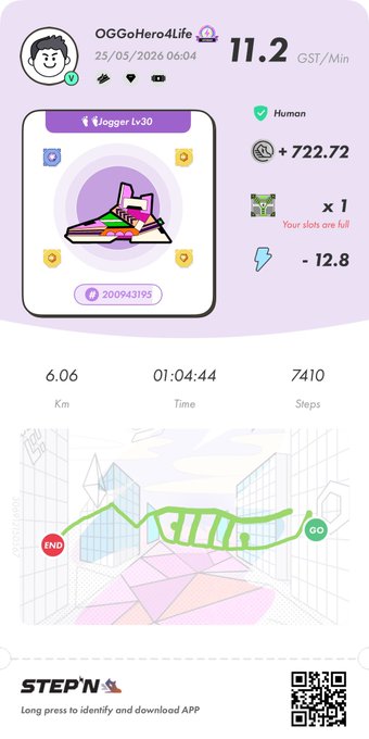 The image shows a poster for an app called "KICK'D off the week the only way I know how... MOVING! Started Monday with STEPN sessions: Walker Lv30 → 5.97 km  | 
    248.90 GST Jogger Lv30 → 6.06 km  | 722.72 GST     14,792 steps     971.62 GPS earned