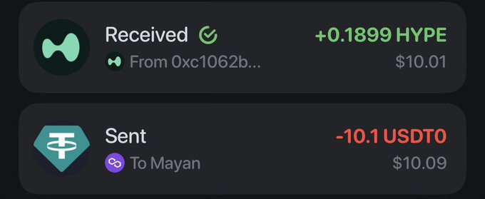 A crypto wallet transaction showing +0.1899 HYPE received from 0xc1062b... and -10.1 USDT sent to Mayan.