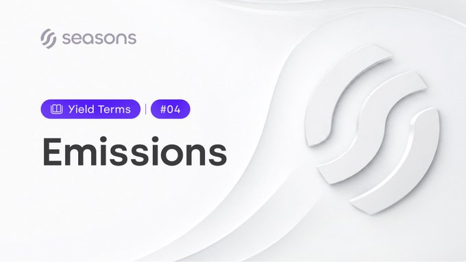 A graphic from Seasons' "Yield Terms" series (#04) features the brand logo in a white embossed design on the right, with the term "Emissions" prominently displayed alongside a "Yield Terms #04" badge on the left, illustrating the post's explanation of how new tokens are minted to fund payouts, resulting in real yield paired with supply dilution.