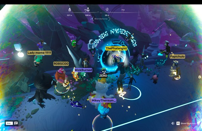 The image shows a group of people playing a video game together, with one player named Nick Burned standing out from the rest. The players are scattered across the screen, engaged in various activities within the game. A large blue circle dominates the center of the image, surrounded by smaller circles and islands that add to the immersive gaming experience. In the background, there is a text overlay that reads "Chulo Sunday Party #33 with @Papichulomeme @LadyMeme12345 @thephalangist @ROBSTHER1 & @MR_CUSTOMM in the @OthersideMeta powered by @ApeChainHUB". The image also contains some text elements, such as "@Papichulomeme" and "@LadyMeme12345", which may be related to the game or its players.