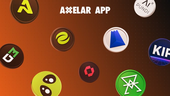 The image features a poster with various logos, including coins and symbols related to cryptocurrency. The text " Axelar App" is displayed above the logos, indicating that this is an advertisement for Axelar's cryptocurrency exchange app. The app offers a variety of tokens, such as Bitcoin, Ripple, and Litecoin, which can be used for trading or investing in digital assets. The poster also includes information about Interchain Tokens, which are available through Axelar's interface to facilitate the bridging process between different cryptocurrencies.