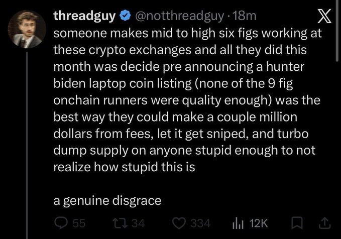 A screenshot of a tweet by @notthreadguy criticizing crypto exchanges for pre-announcing a 'hunter biden laptop coin listing' to profit from fees, calling it 'a genuine disgrace'.