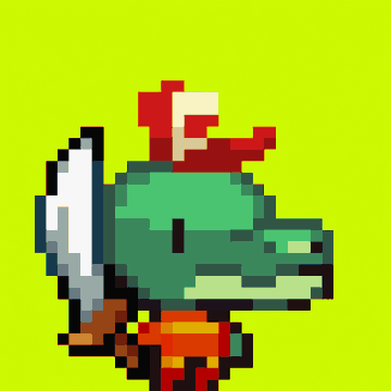 A pixel art character resembling a green dinosaur or crocodile warrior wearing a red helmet with a white 'F' on it, carrying a sword and shield on a bright green background.