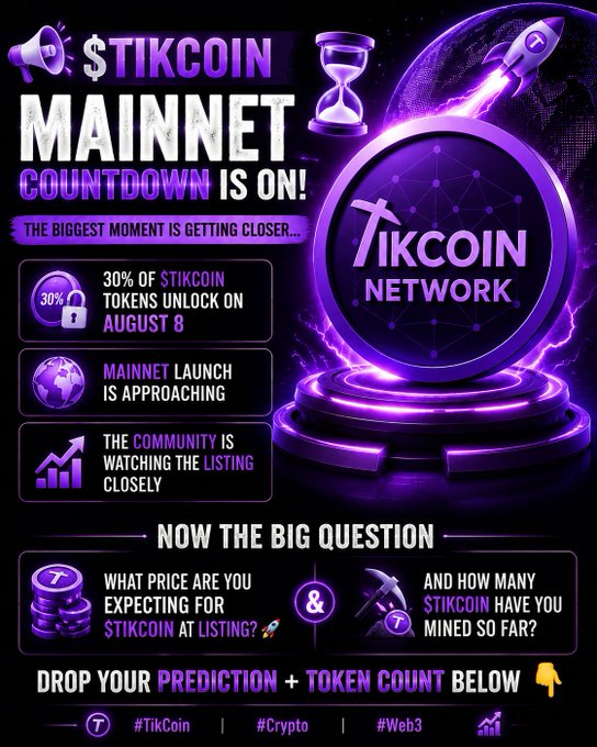 A purple-themed promotional graphic announcing the "TIKCOIN MAINNET COUNTDOWN" with key details including that 30% of TikCoin tokens unlock on August 8, while posing questions to viewers about their expected listing price and number of TikCoin tokens mined so far, alongside the TikCoin Network logo.