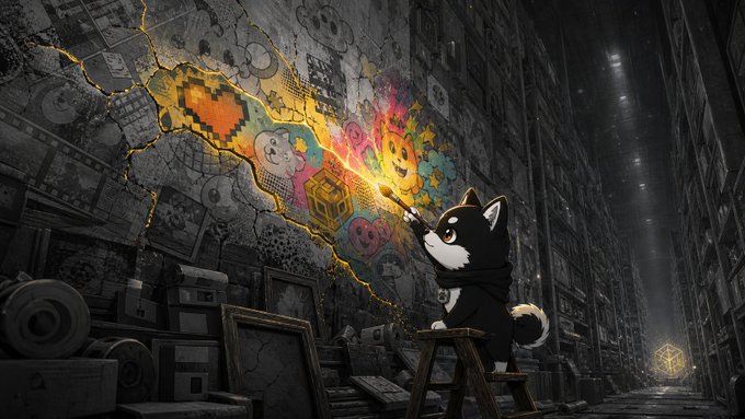 An illustration of a black and white cat wearing a hoodie, standing on a ladder and spray-painting colorful pixel art murals onto a cracked gray wall in a dark alleyway filled with stacked picture frames.