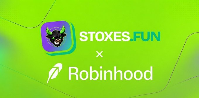 Bright green promotional graphic announcing a partnership between 'STOXES.FUN' (featuring a bull mascot logo) and 'Robinhood' with its feather icon.