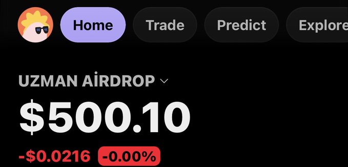A screenshot of a crypto platform displaying a wallet balance of "$500.10" in the "UZMAN AiRDROP" account, with red text showing a minor change of "-$0.0216 (-0.00%)", likely used to falsely lend credibility to a "$500 SOLANA giveaway" scam that asks users to like and retweet posts for a chance to win crypto.