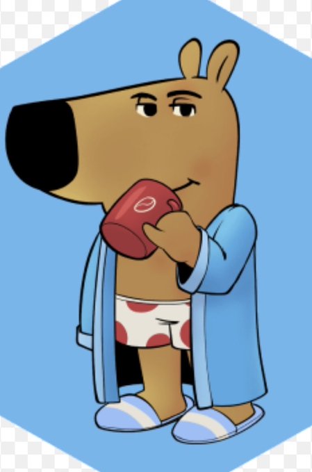 A cartoon illustration of a kangaroo wearing a light blue bathrobe, polka-dot underwear, and slippers, holding a red mug.
