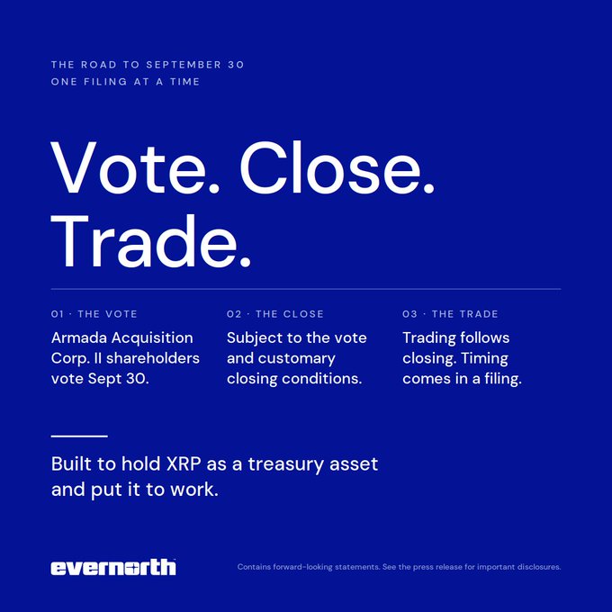 A blue Evernorth corporate graphic titled 'Vote. Close. Trade.' outlining a roadmap for Armada Acquisition Corp. II shareholders voting September 30 to close and trade, built to hold XRP as a treasury asset.