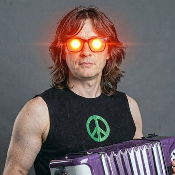 The image depicts a man with red laser eyes, wearing a tank top with a peace sign and holding an accordion, which directly illustrates the "laser eye profile pictures" and the "art" mentioned in the accompanying post.