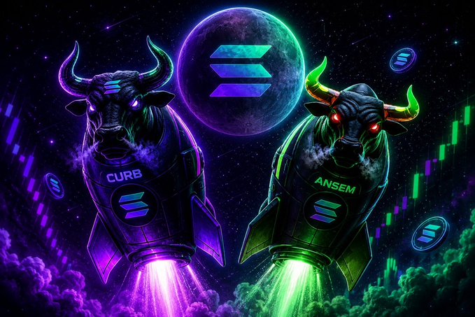 A stylized digital artwork featuring two rocket-powered bull figures labeled 'CURB' and 'ANSEM' with the Solana logo floating between them against a cosmic background with chart candles.