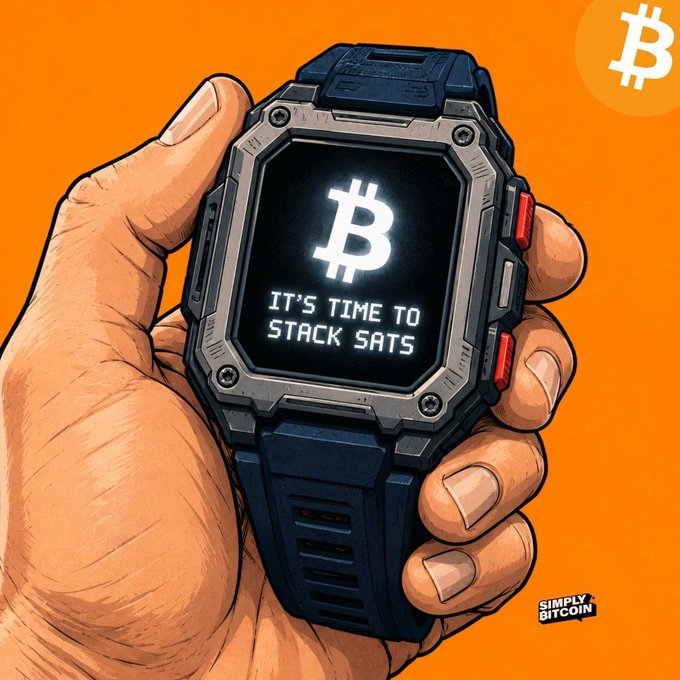 A hand grips a rugged digital watch displaying the Bitcoin logo and the message "IT'S TIME TO STACK SATS," with a "Simply Bitcoin" logo in the corner. The image visually reinforces the post "Act Accordingly" by urging viewers to take action and accumulate Bitcoin (sats) without delay.