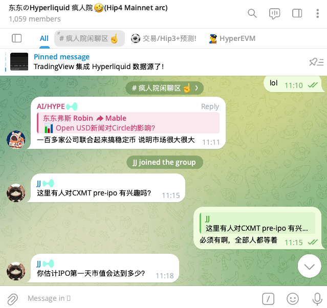 A Telegram group chat in "东东的Hyperliquid 疯人院 (Hip4 Mainnet arc)" shows a discussion about $CXMT pre-IPO interest, with user "JJ" asking about pre-IPO opportunities for CXMT and the projected market cap on IPO day, alongside a pinned message about TradingView Hyperliquid data source integration.
