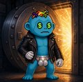 A 3D-rendered blue troll-like character wearing a black leather jacket and white diaper-like bottoms stands in front of a vault door.
