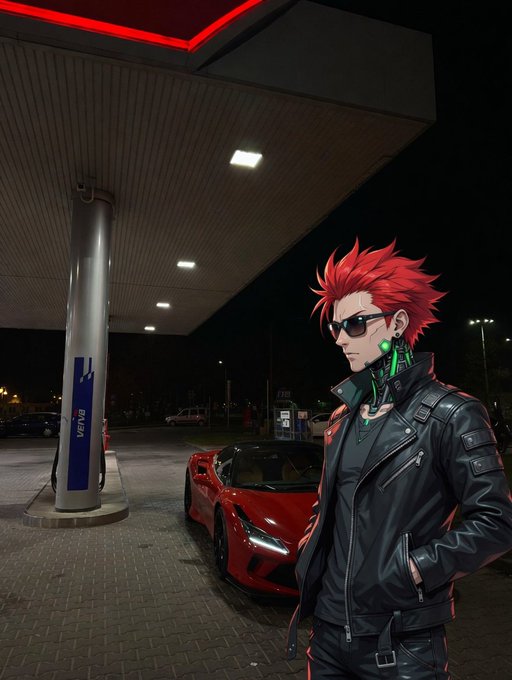 An anime-style character with spiky red hair, sunglasses, and a black leather jacket stands at a gas station next to a red sports car.