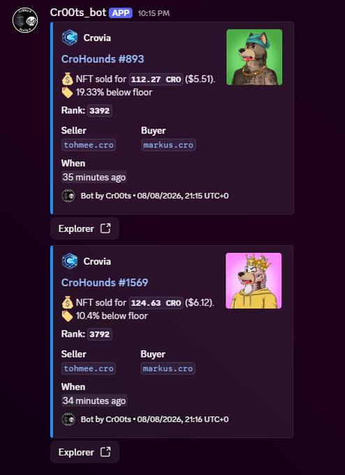 A Discord message from Cr00ts_bot shows NFT sales of CroHounds #893 and #1569 sold by tohmee.cro to markus.cro for approximately 112-124 CRO, with details about rank, seller, buyer, and timestamp.