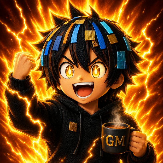 A chibi-style anime character with dark hair, golden eyes, and blue/gold tape-like decorations, holding a 'GM' mug with a fiery background.