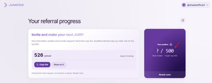 A 'Jumper' referral progress dashboard shows '526 joined' for user @shadaofficial1, with a rank card indicating position '? / 500' and a target of top 500, marked with a red arrow pointing to the rank display.