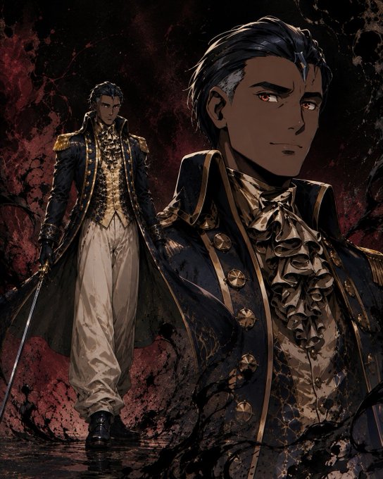 An anime-style illustration showing a dark-haired man with red eyes in an ornate black and gold coat, with a full-body version of the character holding a sword in the background.