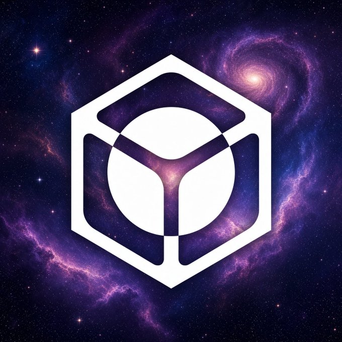 A white geometric hexagonal logo containing a Y-shaped symbol set against a purple and pink cosmic nebula background with stars and a distant spiral galaxy.