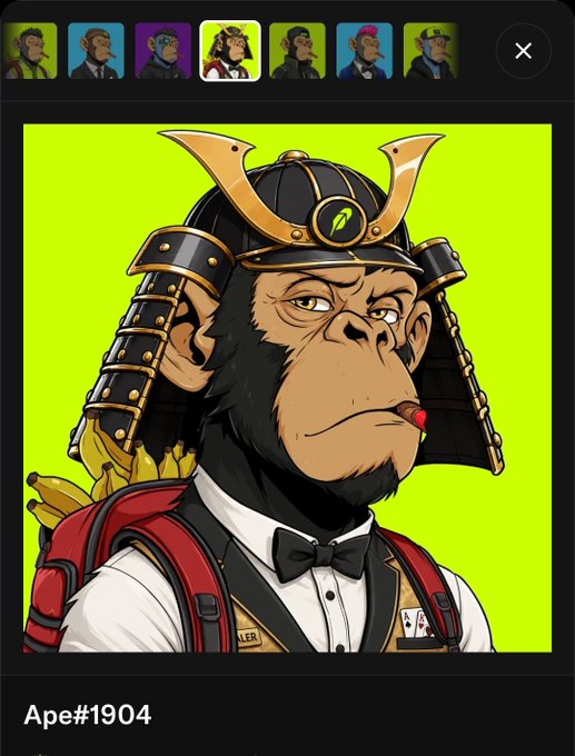An NFT-style profile image of a chimpanzee wearing a samurai helmet, bow tie, and red backpack with bananas, labeled 'Ape#1904' on the PulseChain collection interface.