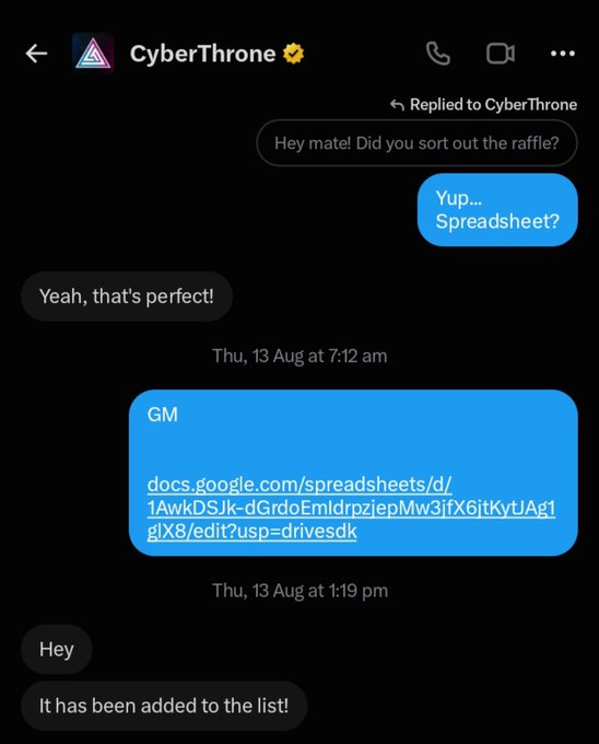 A Facebook Messenger conversation with CyberThrone discussing a raffle, where the user shares a Google Sheets link (docs.google.com/spreadsheets/...) and confirms it has been added to a list.