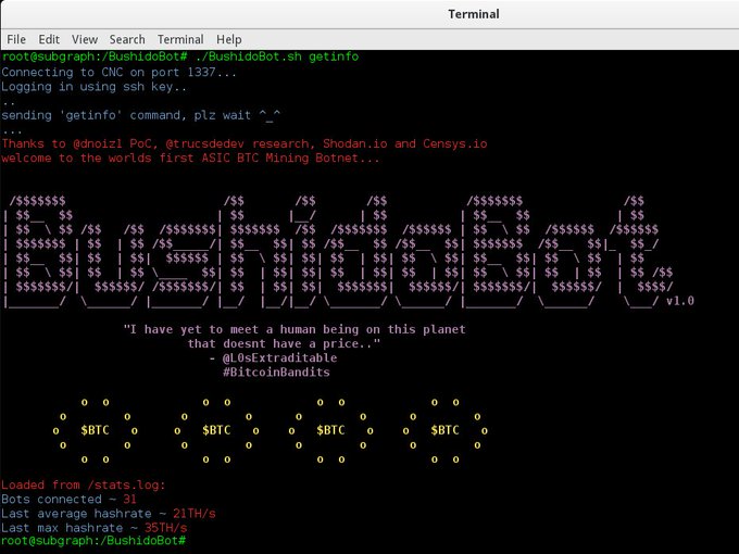 A terminal screenshot of "BushidoBot" displaying ASCII art for the botnet name with the quote "I have yet to meet a human being on this planet that doesn't have a price," showing 31 connected bots and 21TH/s hash rate.