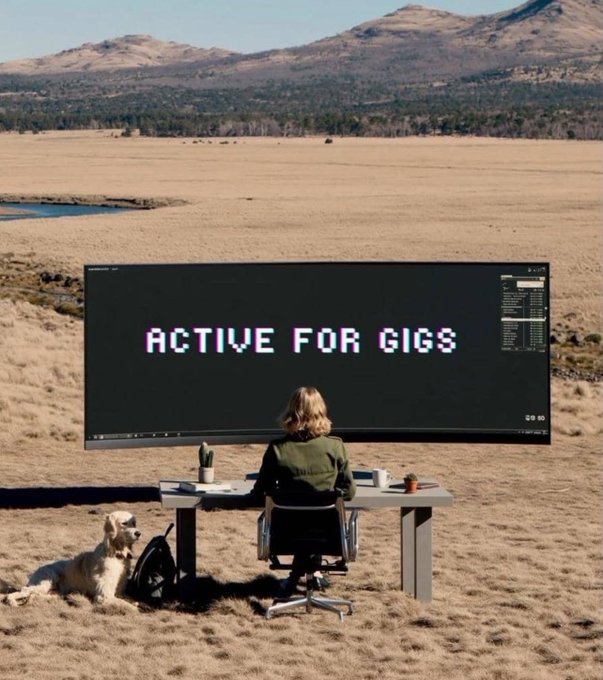 A person sits at a desk with a giant monitor displaying 'ACTIVE FOR GIGS' in a vast open field, accompanied by a dog, with mountains in the background.