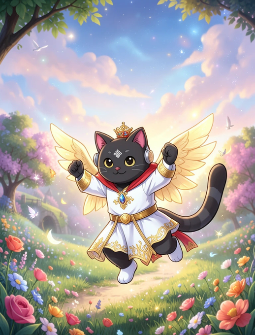 The image features a cartoon cat named Siggy who has transformed into an angelic creature with golden wings and a sparkling crown, flying through a vibrant garden filled with flowers of various colors. The garden appears to be located near a castle or bridge, adding to the magical atmosphere. The background is a sky filled with stars, further enhancing the fantastical setting. The post about Siggy being the guardian angel of @ritualnet suggests that this whimsical scene might be related to a story or event involving Siggy and his guardian angel.
