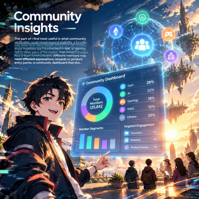 Anime-style infographic titled 'Community Insights' featuring a young male character pointing at a holographic dashboard showing 125,842 total members segmented into DeFi (28%), AI (22%), Gaming (18%), RWA (12%), and Others (20%).