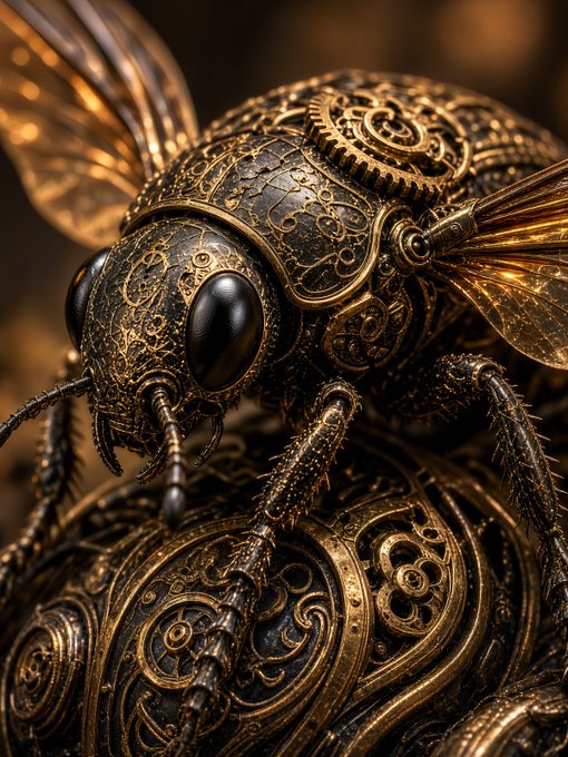 A highly detailed close-up of a steampunk-style mechanical insect with ornate gold and dark metal filigree wings and a large black eye.