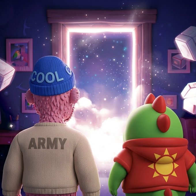 A 3D rendered scene of a furry character in a 'COOL' beanie and 'ARMY' sweater standing next to a green dinosaur character, looking through a glowing portal into space.