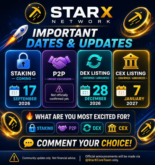 A promotional graphic for 'STARX NETWORK' lists 'IMPORTANT DATES & UPDATES' including Staking (September 17, 2026), P2P, DEX Listing (December 28, 2026), and CEX Listing (January 7, 2027), with a call to 'COMMENT YOUR CHOICE!'.
