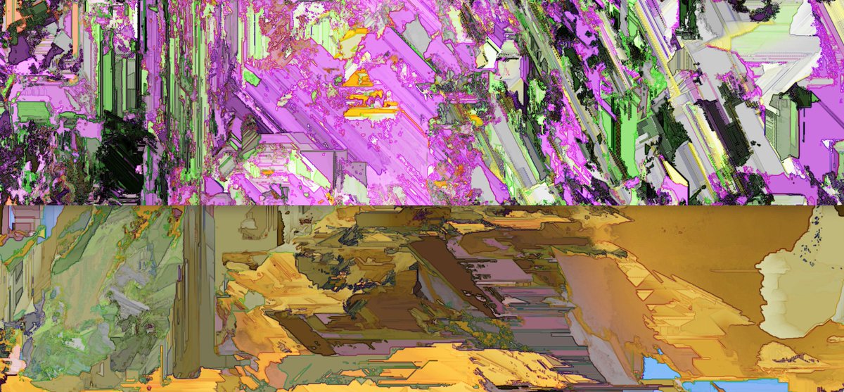 The image features a painting with a purple background, which has been split into three distinct sections. The top section displays a green and brown landscape, while the middle section showcases an abstract art piece with pink and white colors. The bottom section of the painting is a blend of yellow and orange hues, creating a sense of depth in the artwork. The post about seeing the world from the cell and the cell inside the world has been used as a source for inspiration behind this painting.