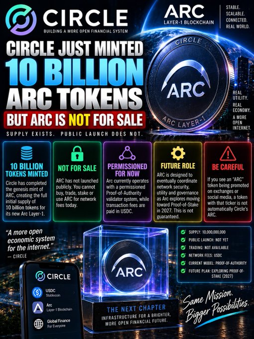 A promotional graphic announces 'CIRCLE JUST MINTED 10 BILLION ARC TOKENS' but clarifies 'ARC IS NOT FOR SALE', describing it as a permissioned Proof-of-Authority blockchain currently in operation.