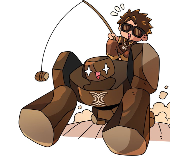 A chibi-style digital illustration of a brown-haired character wearing sunglasses, sitting on the shoulder of a brown golem-like creature with star-shaped eyes, holding a fishing rod.