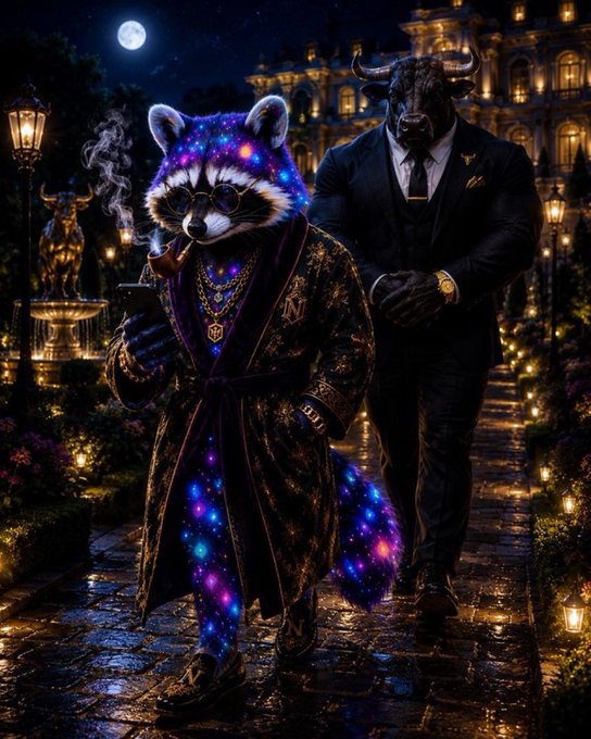 A fantasy illustration shows a raccoon wearing glasses, smoking a pipe, and dressed in an ornate robe with glowing cosmic patterns, accompanied by a bull-headed figure in a black suit walking through a moonlit garden.