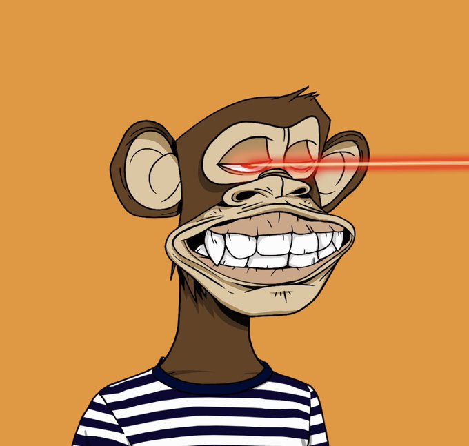 A cartoon illustration of a Bored Ape-style monkey with a wide, toothy grin, wearing a blue and white striped shirt, and emitting a red laser beam from its red-glowing eye.