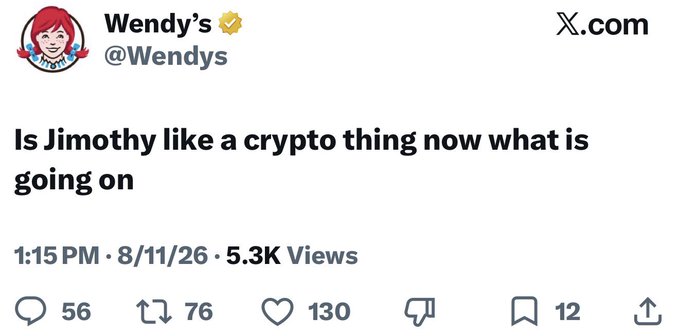 A tweet from Wendy's (@Wendys) asks, "Is Jimothy like a crypto thing now what is going on," posted at 1:15 PM on 8/11/26 with 5.3K views. The image illustrates the broader point about major institutions—corporations like Wendy's included—having their social media teams engage with crypto memecoin culture, highlighting how "interns" at these accounts are likely participating in or reacting to the same memecoin trading trends referenced in the post.