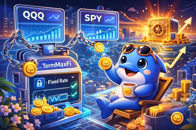A blue-skinned cartoon dolphin holds a gold coin, with a city skyline and "TermMax" and "SPY" signs in the background.