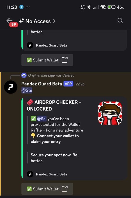 A Telegram screenshot from the '# No Access' channel showing a message from 'Pandez Guard Beta' announcing an 'AIRDROP CHECKER - UNLOCKED' about a wallet raffle pre-selection.