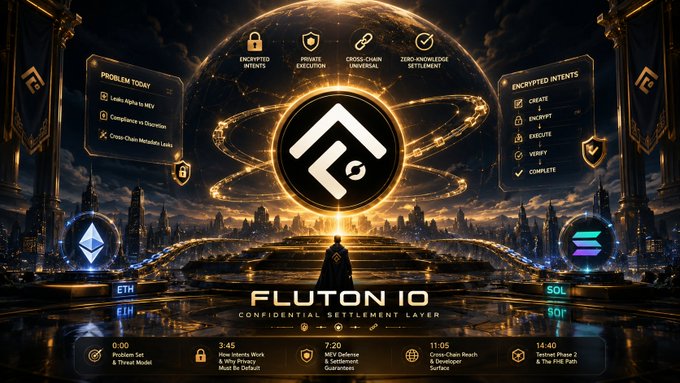 The image is a futuristic, gold-toned promotional graphic for "FLUTON IO," described as a "CONFIDENTIAL SETTLEMENT LAYER." It features a central glowing logo surrounded by four feature pillars—Encrypted Intents, Private Execution, Cross-Chain Universality, and Zero-Knowledge Settlement—along with panels listing "Problem Today" issues (Leaky Alpha to MEV, Compliance vs. Decentralization, Cross-Chain Metadata Leaks) and a flow of "Encrypted Intents" (Create, Encrypt, Execute, Verify, Complete). A lone cloaked figure stands before a sprawling sci-fi cityscape, with Ethereum (ETH/EIN) and Solana (SOL/SOR) orbs flanking them and a timeline of milestones at the bottom, visually reinforcing the post's message that FlutonIO is building a privacy-first, chain-agnostic engine for encrypted onchain trading.