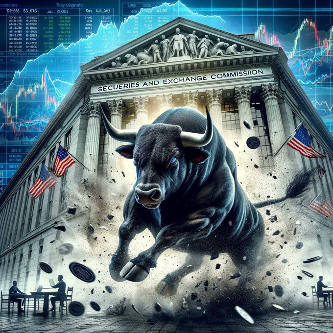 A powerful charging bull crashes through the neoclassical facade of the Securities and Exchange Commission building, shattering stone and sending debris flying, while silhouetted traders work at their desks amid falling coins and stock charts displaying volatile market data in the background—symbolically representing a major, disruptive shift in financial regulation or markets alongside the declaration "SECURITIES AND EXCHANGE COMMISSION! BIG THINGS ARE COMING."