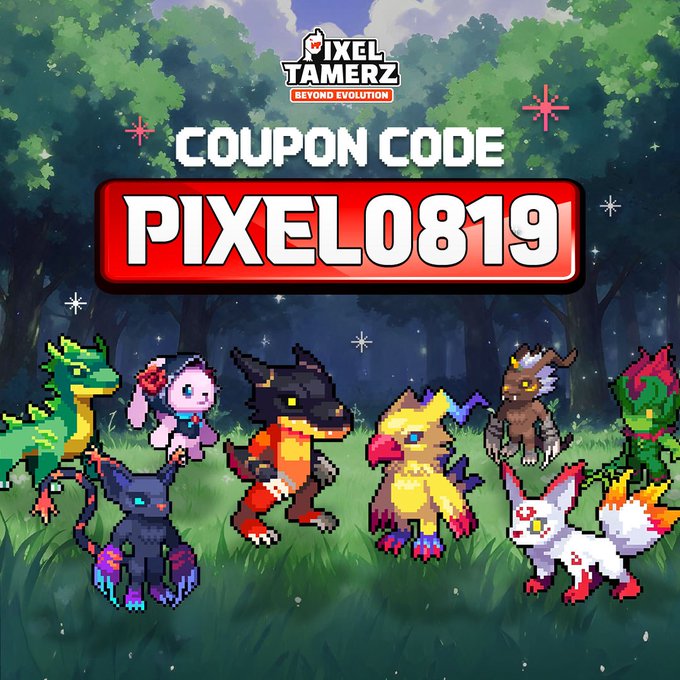 A promotional graphic for "Pixel Tamerz: Beyond Evolution" showcasing various colorful pixel-art creature characters in a forest setting, with the prominently displayed coupon code "PIXEL0819" in a red banner across the top, matching the advertised gift redemption offer.